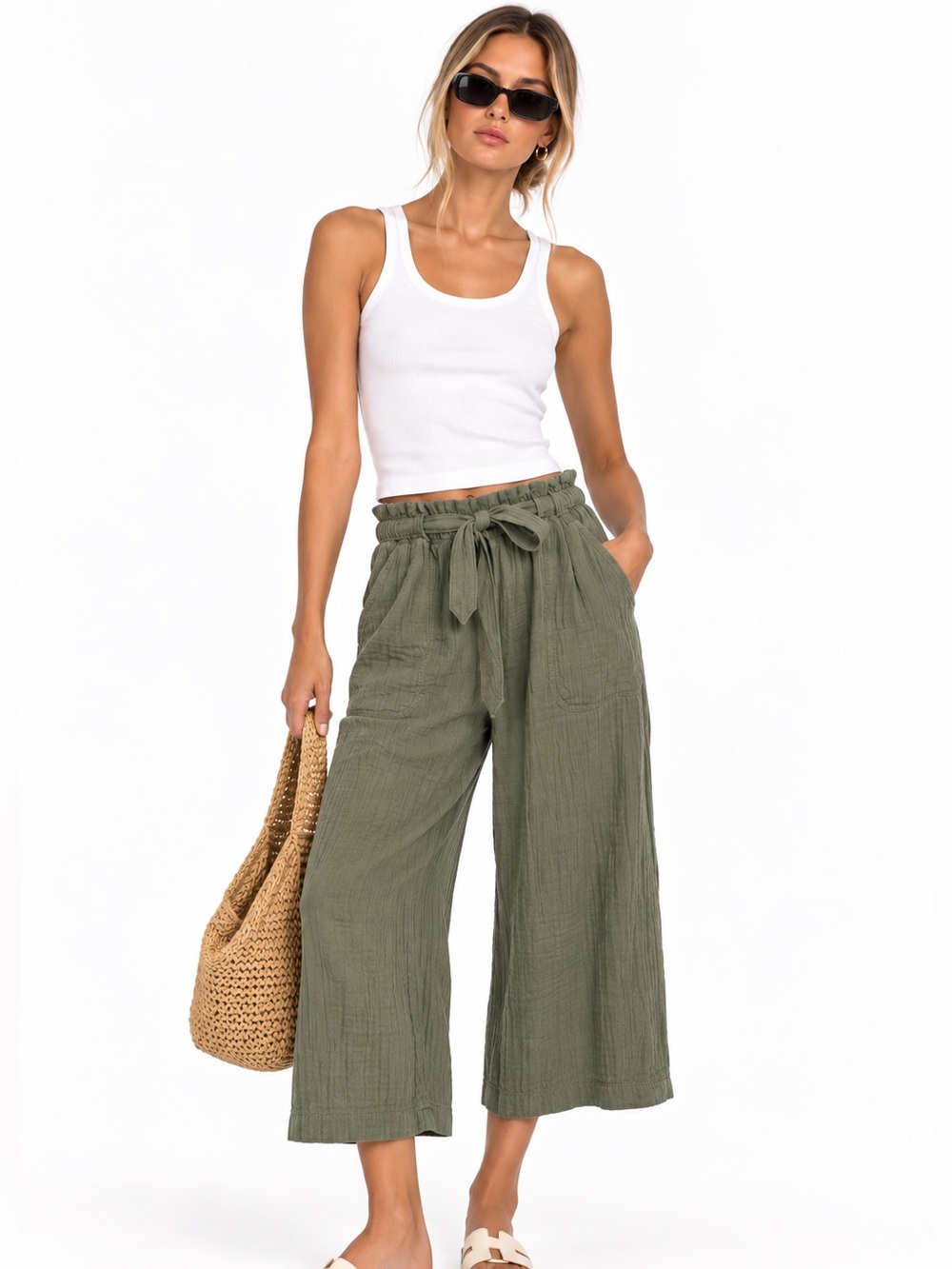 New Anthropologie Saturday Sunday XS Olive Green Cotton Gauze Wide Leg Pants